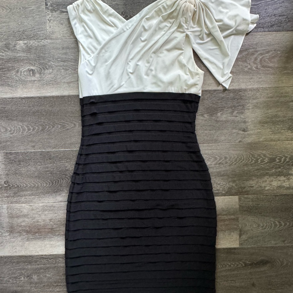 Adrianna Papell Black and White One Shoulder Cocktail Dress